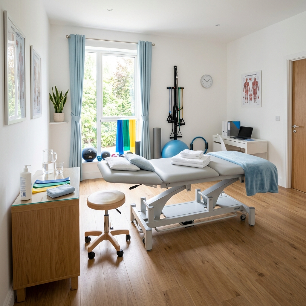 A bright, modern treatment room at Summit Physiotherapy with a treatment bed, exercise equipment, and natural light
