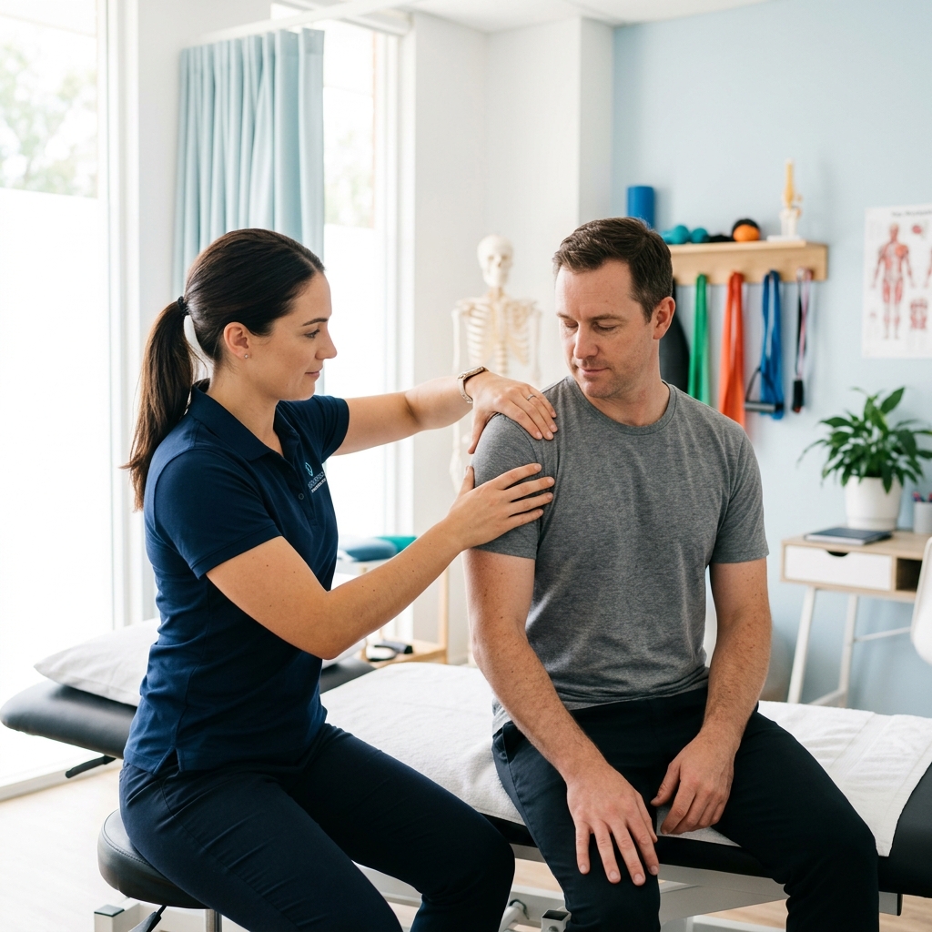 A physiotherapist examining a patient's shoulder in a bright, modern treatment room